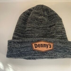 Denny's Gray Beanie Hat -Leather Logo Patch Winter Knit Cap. Pre Owned